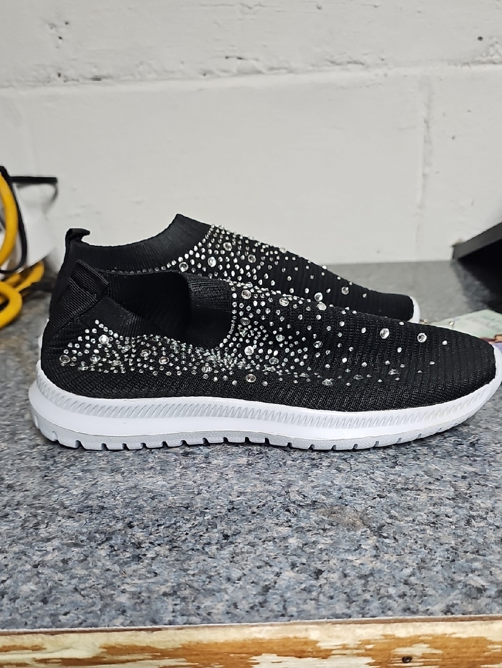 Black Slip-On Knit Sneakers with Rhinestones